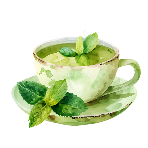 Watercolor Peppermint Tea Cup with Fresh Leaves Breakfast Illustration