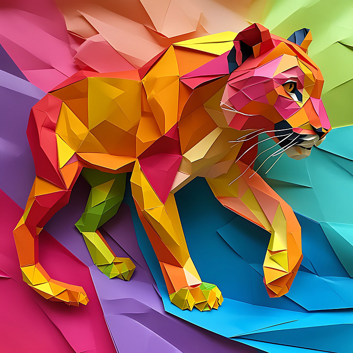 Animal of Colorful Origami-style Cougar with Geometric Low Poly Facets seamless PBR texture preview