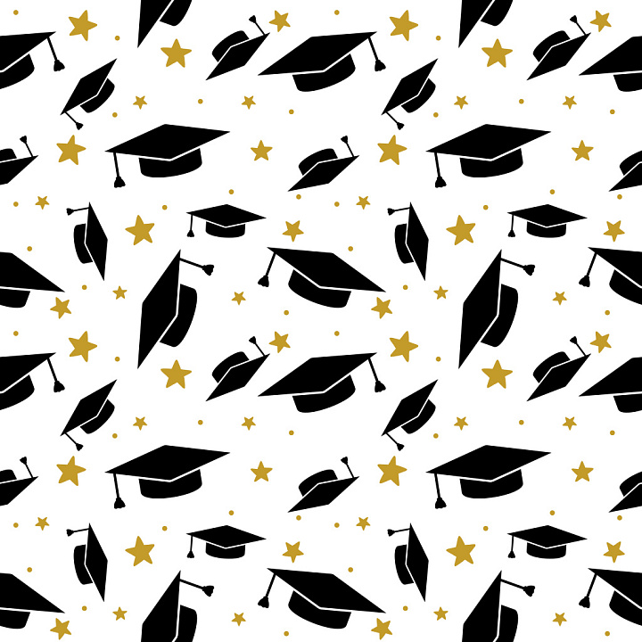 Pattern Featuring Black Graduation Caps and Gold Stars on White seamless PBR texture preview