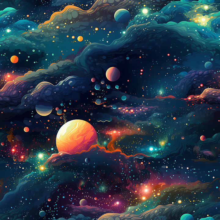 Space Featuring Vivid Nebulae and Diverse Planets seamless PBR texture preview