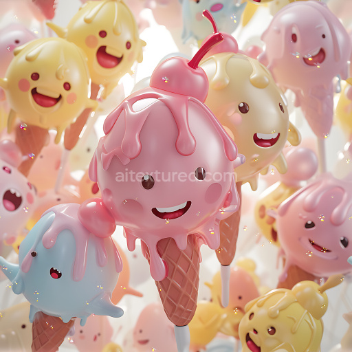Seamless 3D Inflated PBR Texture Featuring Colorful Cute Ice Cream Characters