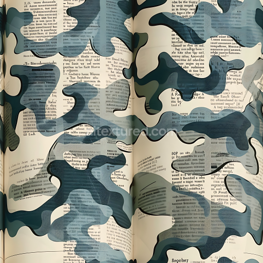 Seamless 3D Urban Newspaper Camouflage PBR Texture with Blue, Beige & Dark Gray Blobs