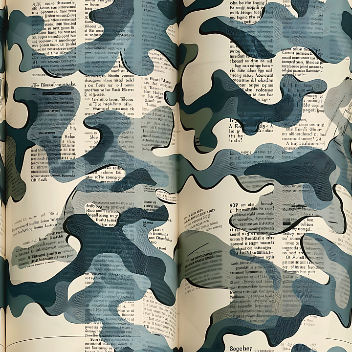 Urban Newspaper Camouflage with Blue, Beige & Dark Gray Blobs seamless PBR texture preview