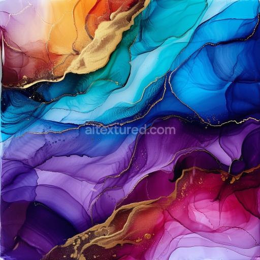 Seamless 3D Alcohol Ink PBR Texture Featuring Vibrant Multicolor Fluid Swirls with Gold Accents