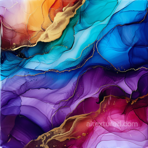 Alcohol Ink PBR Texture Featuring Vibrant Multicolor Fluid Swirls with Gold Accents seamless Alcohol ink PBR texture