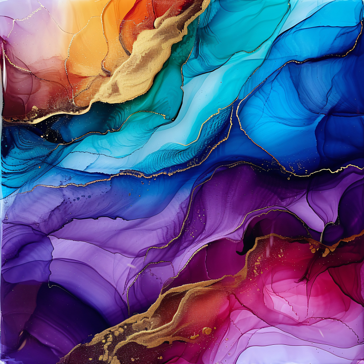 Alcohol Ink Featuring Vibrant Multicolor Fluid Swirls with Gold Accents seamless PBR texture preview