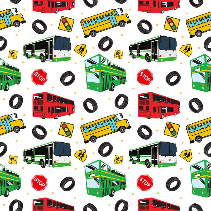 Pattern Featuring Colorful Buses and Road Signs Asphalt seamless PBR texture preview