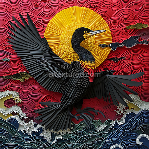 Seamless 3D PBR Texture Featuring Stylized Black Cormorant Feather Pattern with Bold Red and Gold Accents