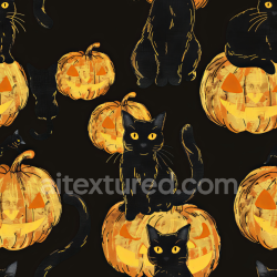 seamless Seamless 3D PBR Watercolor Texture Featuring Black Cats and Jack-o'-Lantern Pumpkins texture 8k free download PBR
