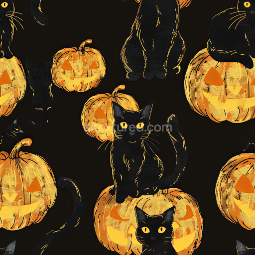 Seamless 3D PBR Watercolor Texture Featuring Black Cats and Jack-o'-Lantern Pumpkins