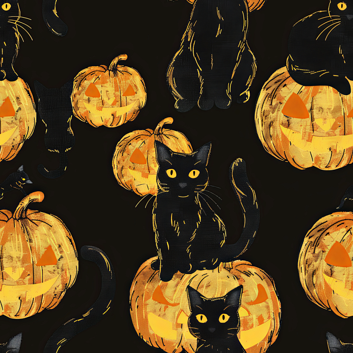 Watercolor Featuring Black Cats and Jack-o'-Lantern Pumpkins seamless PBR texture preview