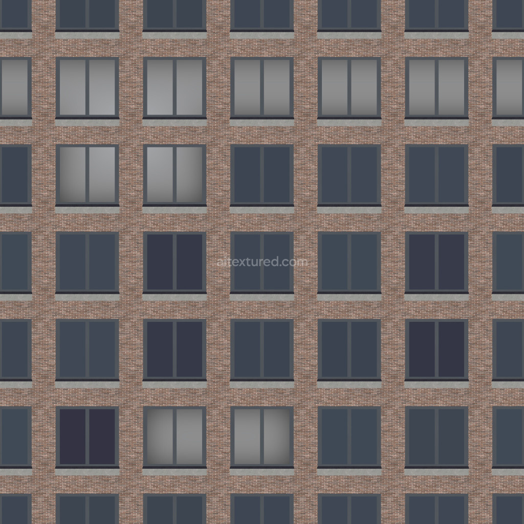 Seamless PBR brick facade texture with windows
