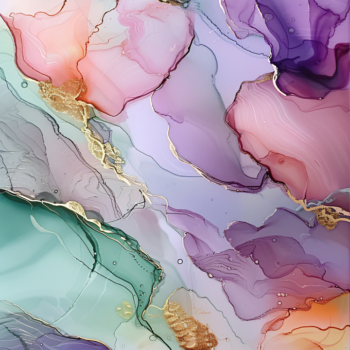 Alcohol Ink Featuring Pastel Hues and Delicate Gold Veins seamless PBR texture preview
