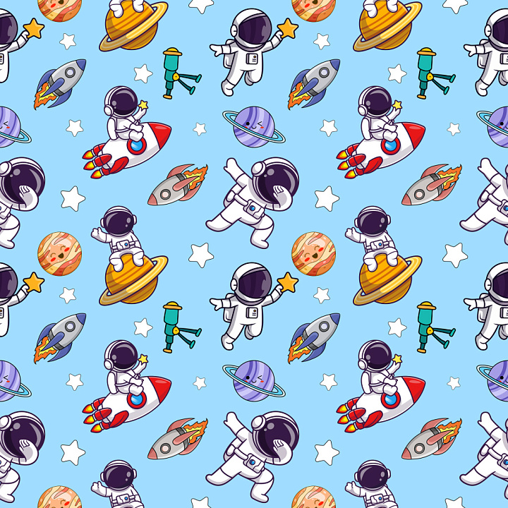 Pattern with Cartoon Astronauts and Space Motifs on Blue seamless PBR texture preview