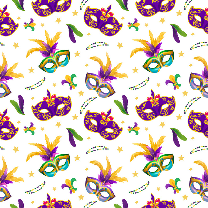 Pattern with Mardi Gras Masks, Feathers & Stars seamless PBR texture preview