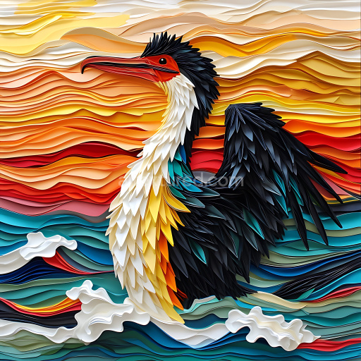 Seamless 3D PBR Texture Featuring Vivid Cormorant Feather Pattern and Ocean Waves