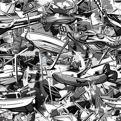 Seamless 3D PBR Texture Featuring Black and White Graffiti of Boats and Fish