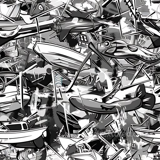 Seamless 3D PBR Texture Featuring Black and White Graffiti of Boats and Fish texture preview