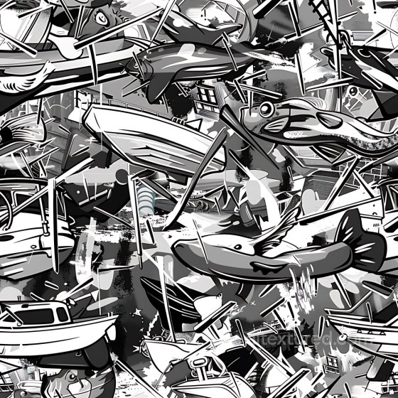 Featuring Black and White Graffiti of Boats and Fish Graffiti texture preview