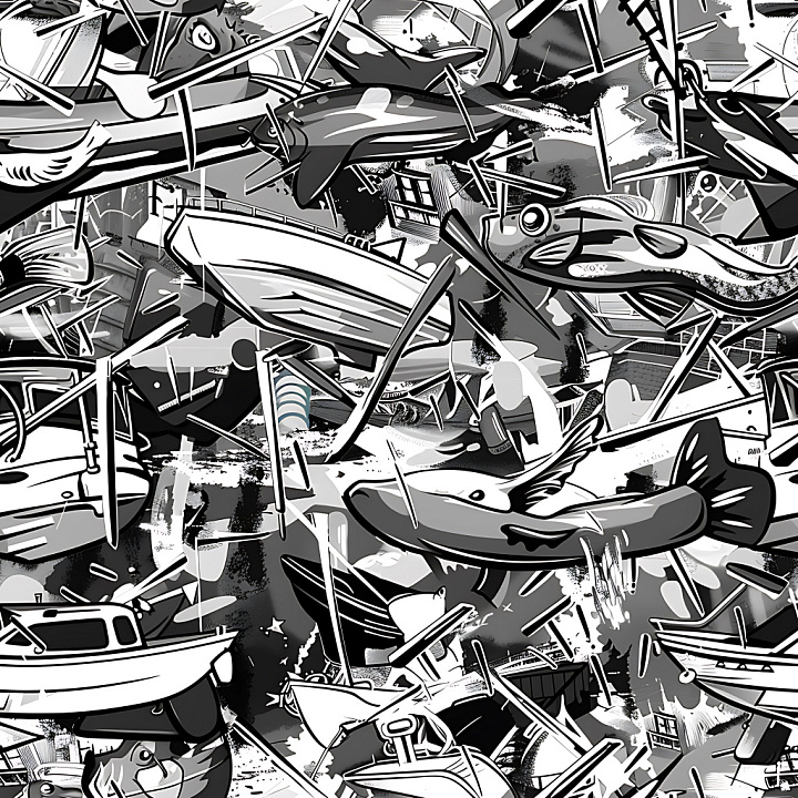 Featuring Black and White Graffiti of Boats and Fish seamless PBR texture preview