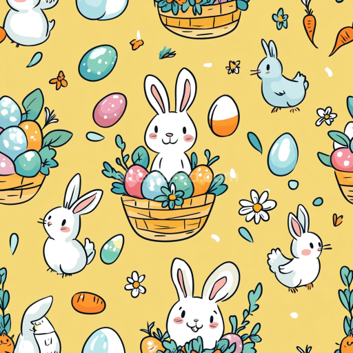 Seamless 3D PBR Texture of Playful Easter Bunnies and Colorful Eggs on Yellow Background