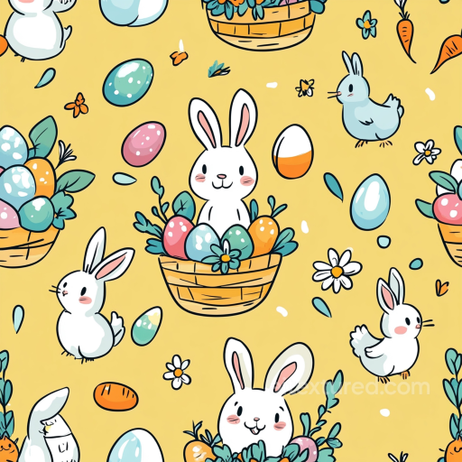 All Easter Digital paper Texture of Playful Easter Bunnies and Colorful Eggs on Yellow Ba… seamless All Easter Digital paper PBR texture