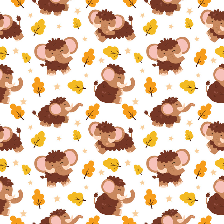 Pattern Featuring Cute Cartoon Mammoths with Autumn Leaves and Stars seamless PBR texture preview