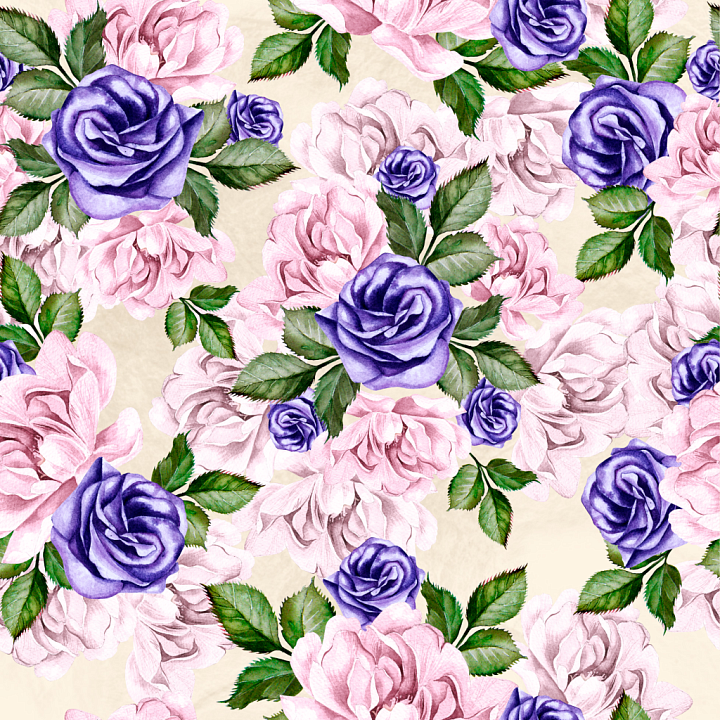 Featuring Hand-Painted Purple and Pink Roses on Fabric Background seamless PBR texture preview
