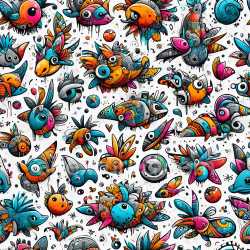 seamless Seamless 3D PBR Graffiti Texture Featuring Colorful Cartoon Birds on White Background texture 8k free download PBR