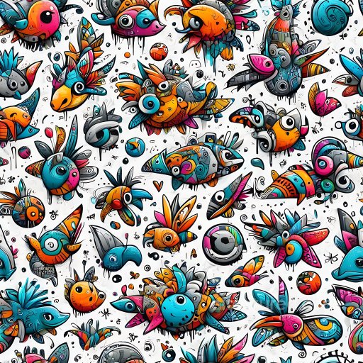 Seamless 3D PBR Graffiti Texture Featuring Colorful Cartoon Birds on White Background texture preview