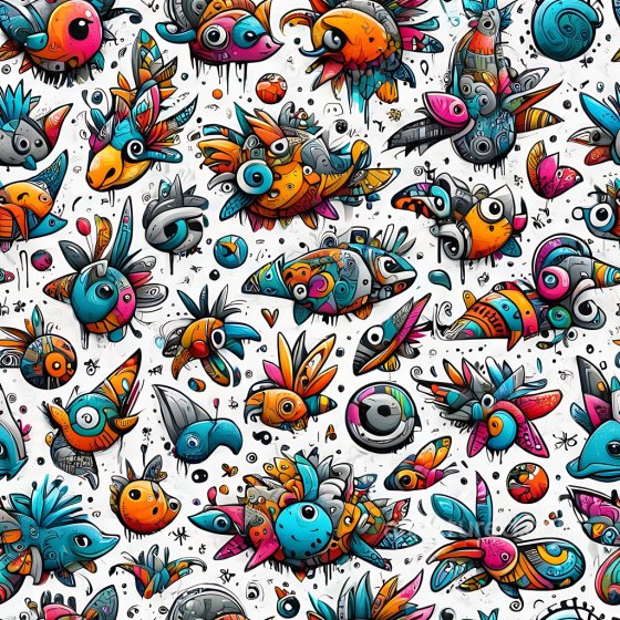 Graffiti Texture Featuring Colorful Cartoon Birds on White Background Graffiti texture preview