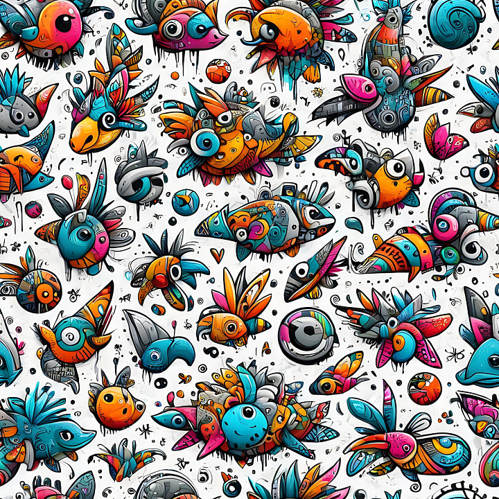 Graffiti Featuring Colorful Cartoon Birds on White Background seamless PBR texture preview