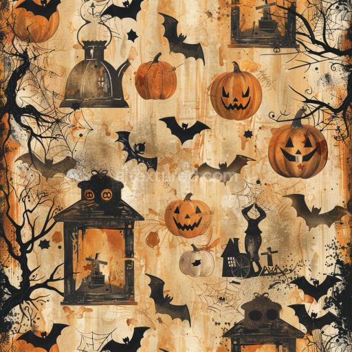 Seamless 3D PBR Fabric Texture Featuring Vintage Halloween Pumpkins, Bats & Lanterns