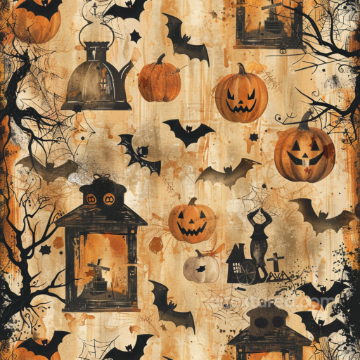 Fabric Texture Featuring Vintage Halloween Pumpkins, Bats & Lanterns seamless Vintage Halloween PBR texture