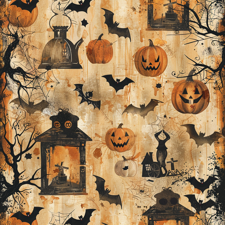 Fabric Featuring Vintage Halloween Pumpkins, Bats & Lanterns seamless PBR texture preview