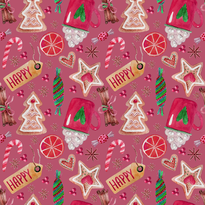 Christmas Digital Paper Featuring Festive Watercolor Elements seamless PBR texture preview