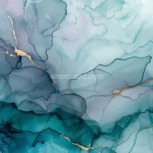 Seamless 3D Alcohol Ink PBR Texture Featuring Teal Fluid Waves and Gold Accents