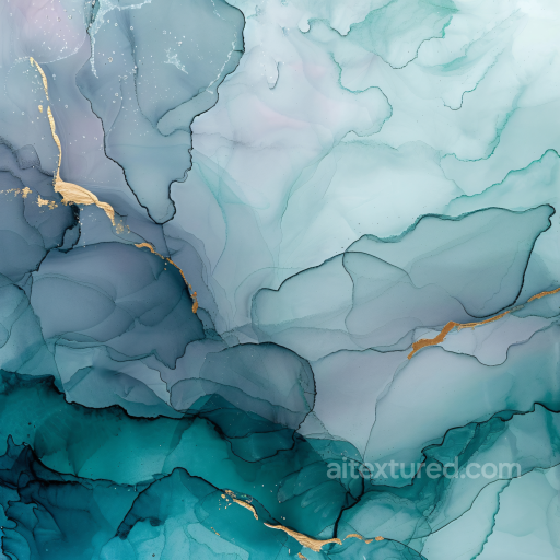 Alcohol Ink PBR Texture Featuring Teal Fluid Waves and Gold Accents seamless Alcohol ink PBR texture