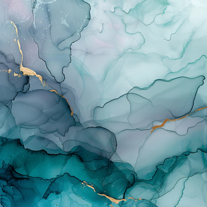 Alcohol Ink Featuring Teal Fluid Waves and Gold Accents seamless PBR texture preview