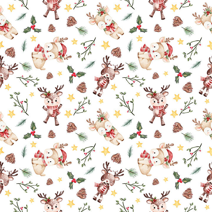 Pattern Featuring Cute Watercolor Christmas Reindeer and Holiday Motifs seamless PBR texture preview