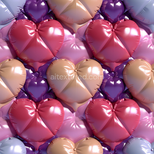 Seamless 3D PBR Texture of Glossy Inflated Heart-Shaped Vinyl Balloons in Pink, Purple, and Beige