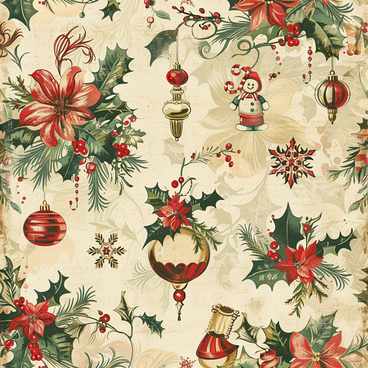 Vintage Christmas Fabric with Holiday Ornaments and Floral Pattern seamless PBR texture preview
