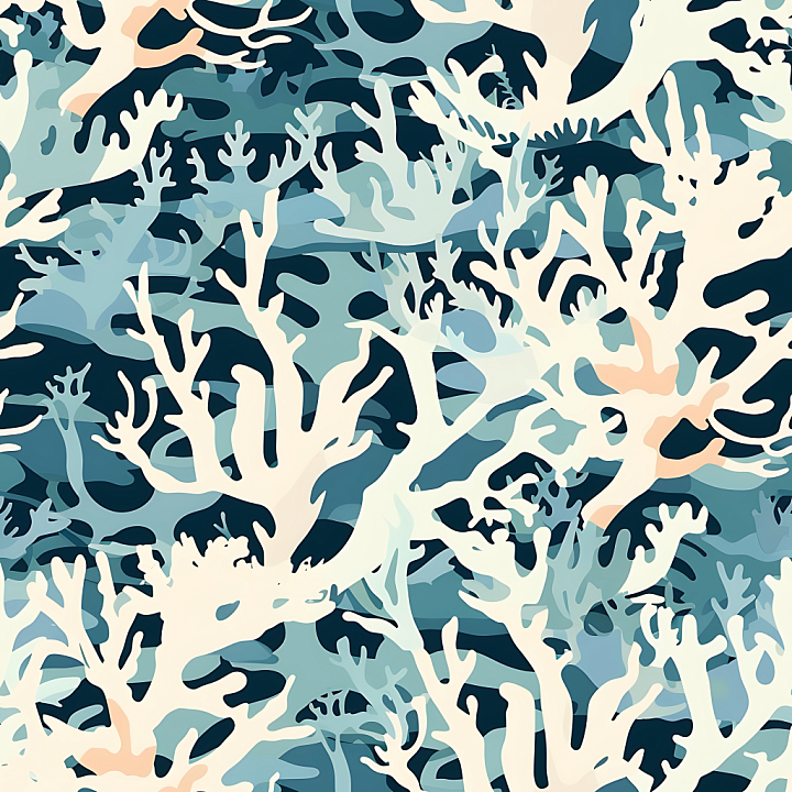 Ocean Coral Camouflage with Blue and Cream Organic Shapes seamless PBR texture preview