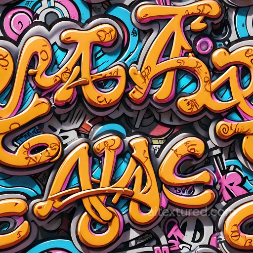 Seamless 3D PBR Texture of Vibrant Orange 3D Graffiti Letters on Multicolor Background texture preview