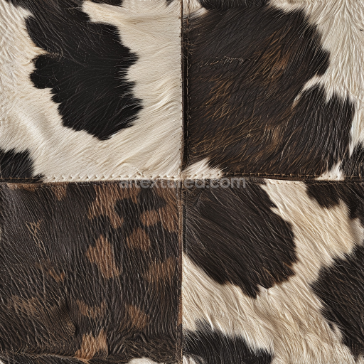Seamless 3D Cowhide Leather Patchwork PBR Texture with Natural Fur Grain and Stitched Panels