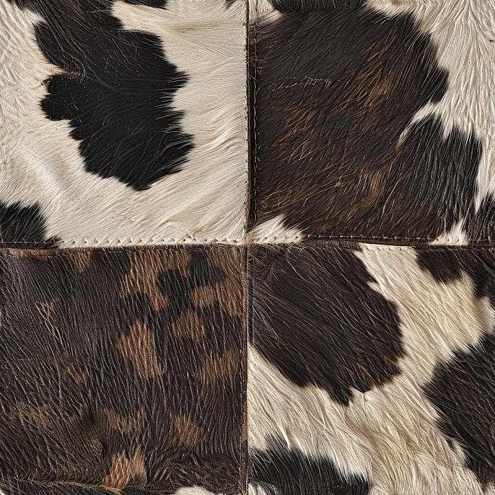 Cowhide Leather Patchwork with Natural Fur Grain and Stitched Panels seamless PBR texture preview