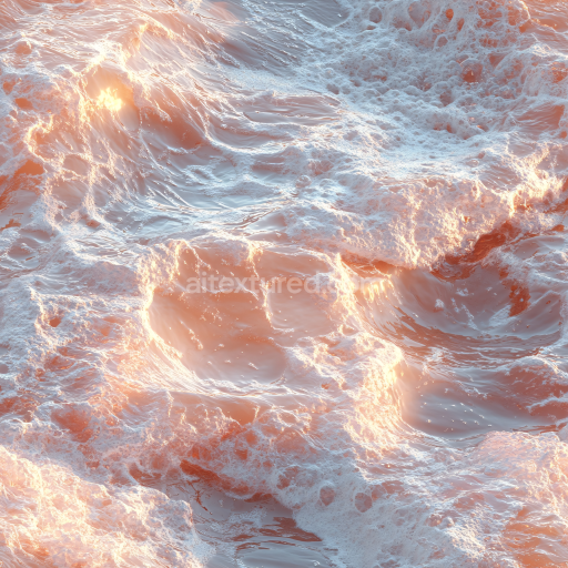 Seamless 3D Water PBR Texture Featuring Foamy Ocean Waves with Warm Light Reflectance