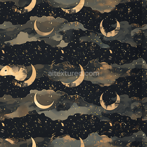 Seamless 3D Stylized Celestial Camouflage PBR Texture with Crescent Moon Motifs and Cloud-Like Shapes