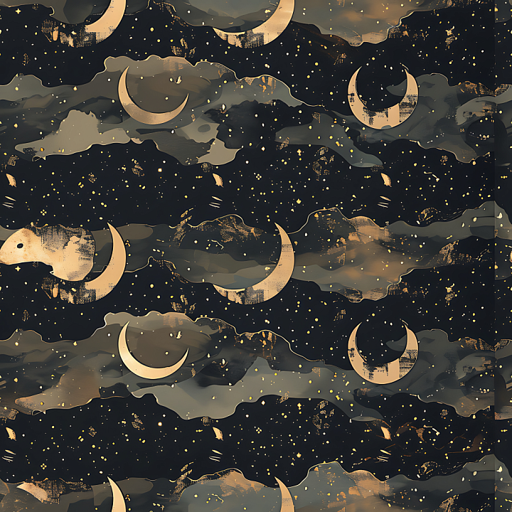 Stylized Celestial Camouflage with Crescent Moon Motifs and Cloud-Like… seamless PBR texture preview
