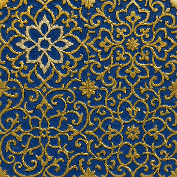 Ceramic Tiles Mosaic With Islamic Patterns And Gold Leaf Accents seamless PBR texture preview